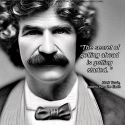 AI image of Mark Twain and his quote about success consisting of getting started.